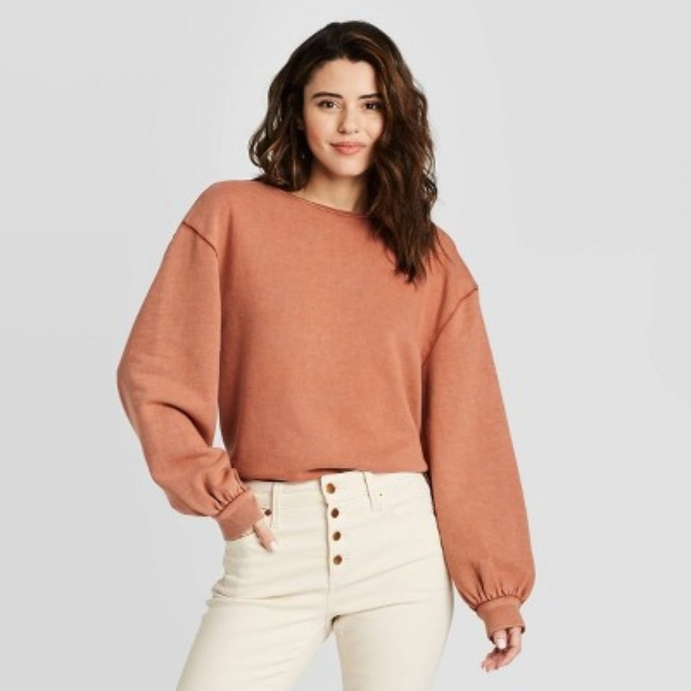 Women's Puff Sleeve Crewneck Sweatshirt, Brown